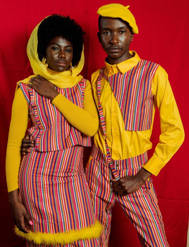 Matching striped outfits couple